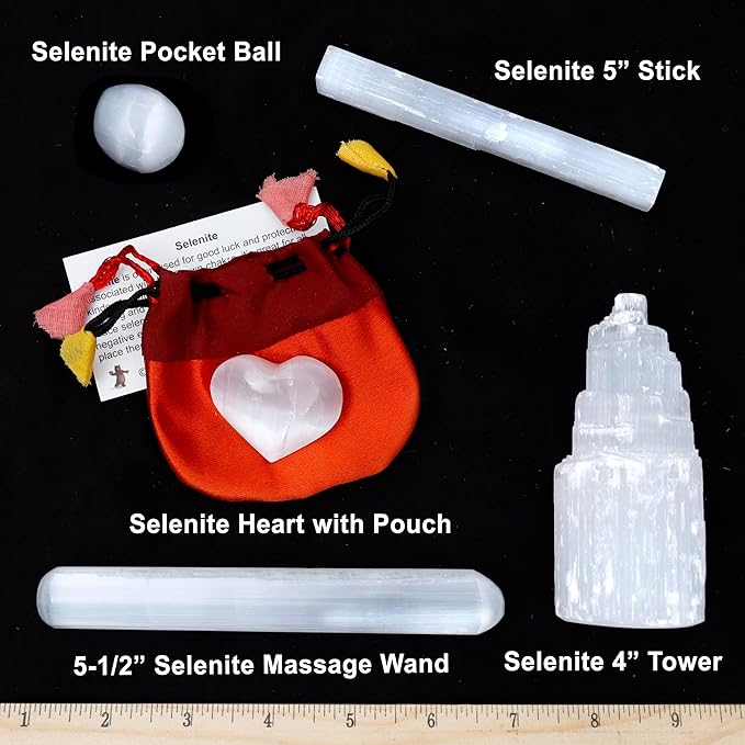 DANCING BEAR Selenite Protection Collection (7 pc Set): Palm Stone Heart, Tower, 5" Stick, 5.5" Massage Wand, and a Sphere, Hand-Made upcycled Silk Bag, and ID Card in Gift Box