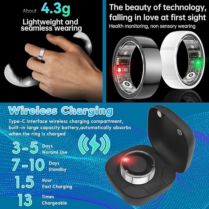 Smart Health Ring for Women Men,Fitness Rings Tracker with Blood Pressure Monitor Heart Rate Blood Oxygen Sleep Monitor IP68 Waterproof Step Counter Calorie Tracker Health Rings for Android iOS Phones