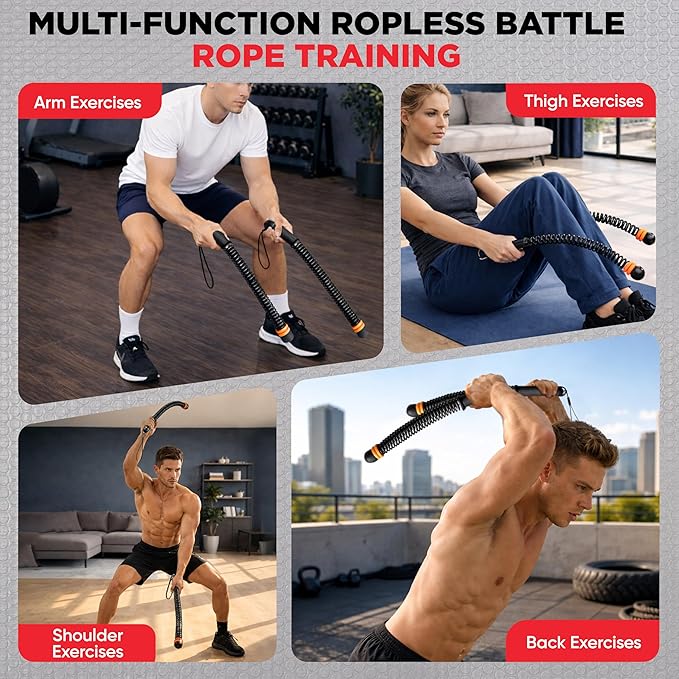 Adjustable Ropeless Battle Ropes β Weighted Cordless Battle Rope Set with Variable Resistance, Wrist Straps & Workout Guide Poster β Portable HIIT & Home Gym Training Equipment