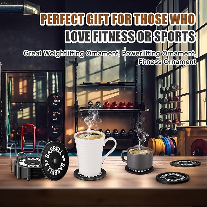 Blushtier 8 Pcs Barbell Bumper Plate Cool Coasters Round Silicone Coasters Weight Plate Coaster with Rack Holder for Gym Lovers Gym Accessories(Black)