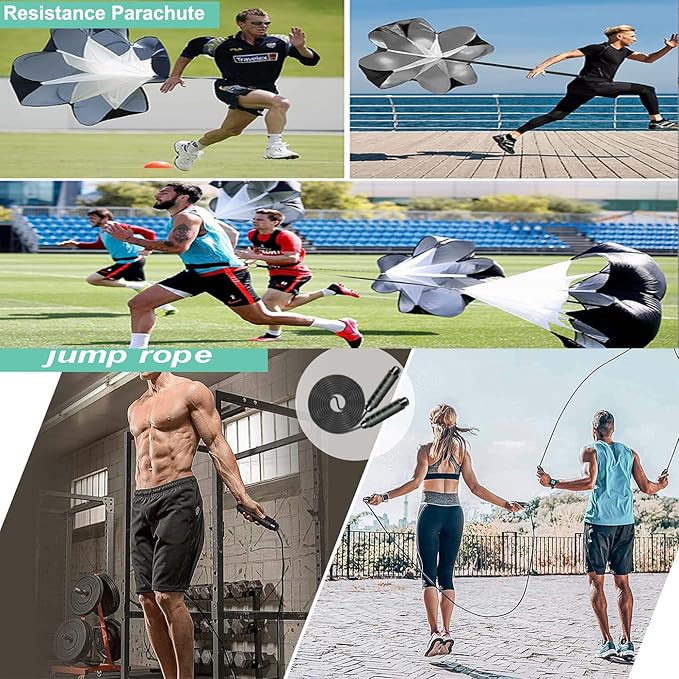 Agility Ladder Set 20ft, 4 Hurdles, 12 Soccer Cones, Jump Rope & Running Parachute - Speed Agility Training Equipment for Soccer Fitness Kids Youth Adults