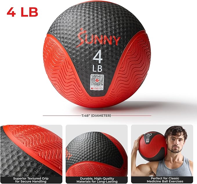 Sunny Health & Fitness Medicine Ball, Textured Rubber, Core Strength & Balance Training, Bouncing, Weight for Home Workouts 4,6,8,10,12,15,20,25,30LB Options