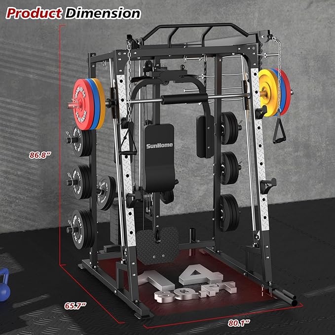 SunHome Smith Machine, Power Cage Squat Rack with Smith Bar, LAT Pull-Down Systems, Cable Crossover Machine and Cable Attachment for Home Gym