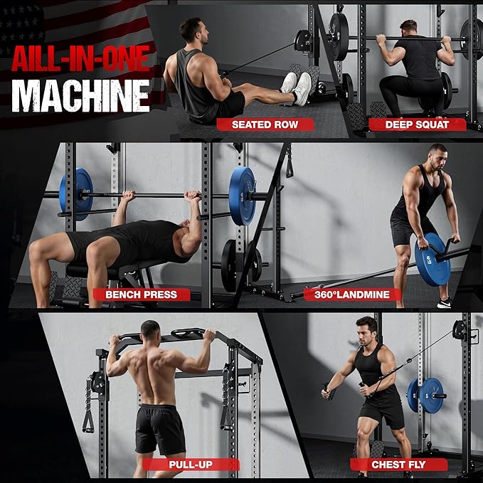 DP01 Power Cage, 2000LBS Squat Rack with with Cable Crossover and Dual Independent Pulley System, Full Cage for Full Body Training, Power Rack with More Training Attachments for Home Gym