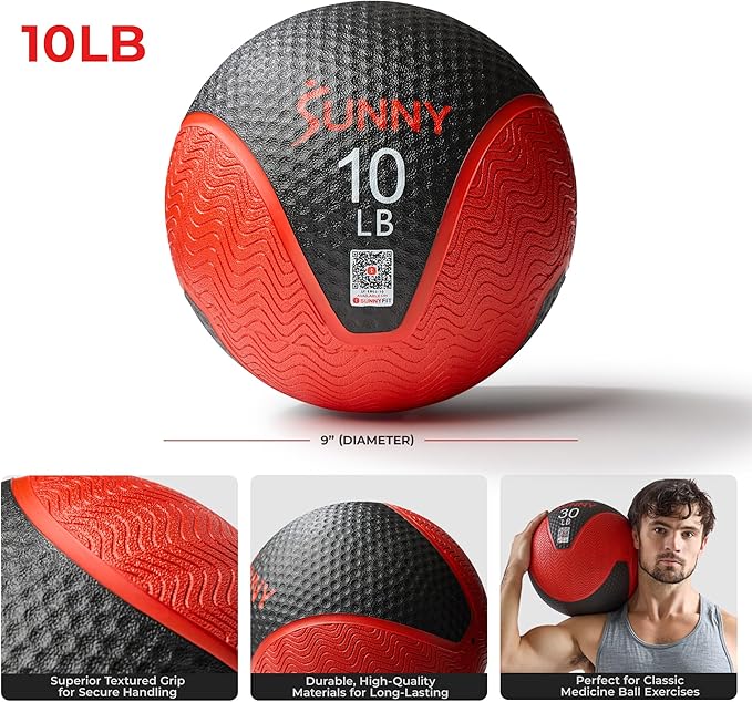 Sunny Health & Fitness Medicine Ball, Textured Rubber, Core Strength & Balance Training, Bouncing, Weight for Home Workouts 4,6,8,10,12,15,20,25,30LB Options