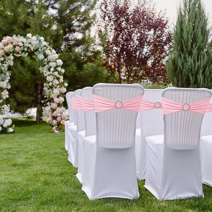 150 Pack Spandex Stretch Chair Sashes Bows, Elastic Stretch Chair Cover Bands Ties with Buckle Slider for Wedding Party Ceremony Reception Event Banquet Decoration (Pink)