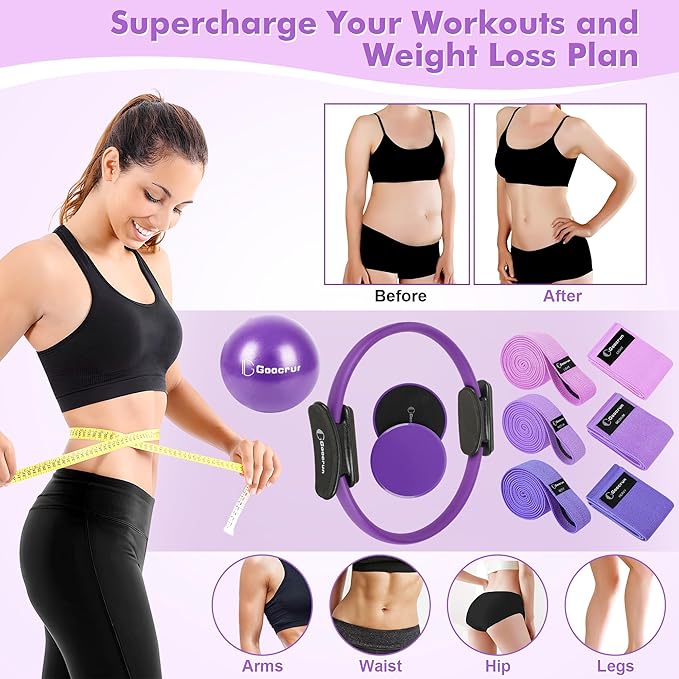 Goocrun Pilates Ring Set Exercise Equipment, with Exercise Resistance Bands Set, Pilates Ball, Sliding Disks. Portable Home Gym - with Fitness Guide Poster
