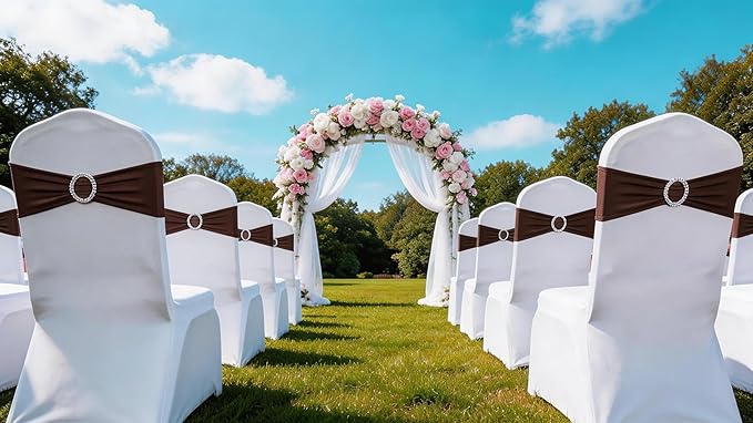 100PCS Stretch Wedding Brown Chair Sashes Bands with Buckle Slider Sashes Bow Decorations 25 Colors (Chocolate)