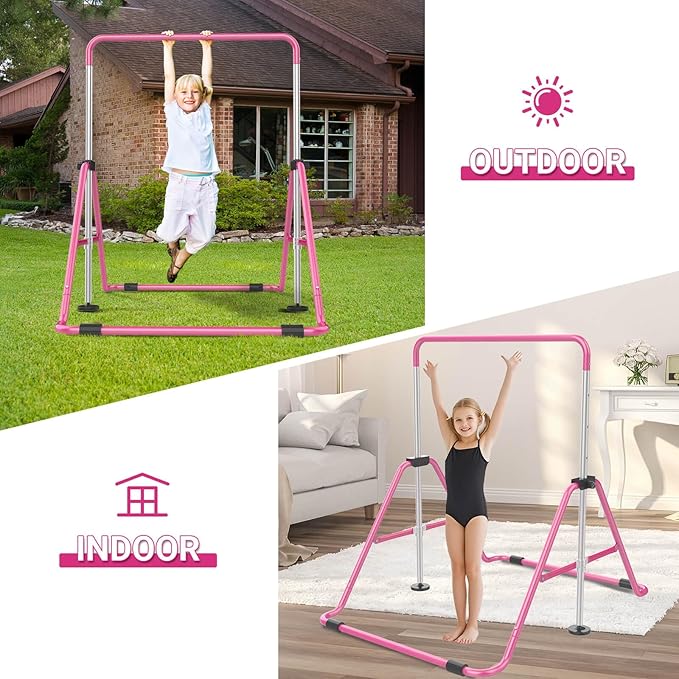 Foldable Gymnastics Bar, 5-Height Adjustable Gymnastic Bars for Kids at Home,Robust & Stable for Indoor/Outdoor Using,Weight Limit 140LBS