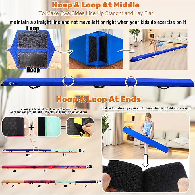 MARFULA 6 FT / 8 FT / 9 FT Folding Gymnastics Beam Foam Balance Floor Beam - Extra Firm - Suede Cover - Anti Slip Bottom with Carry Bag for Kids/Adults Home Use
