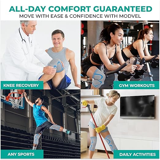 Modvel 2 Pack Knee Brace for Women & Men - Knee Support for Walking, Knee Compression Sleeves for Pain Relief, Knee Sleeves for Women, Knee Sleeves for Men, Knee Brace for Sports, Workouts & Arthritis