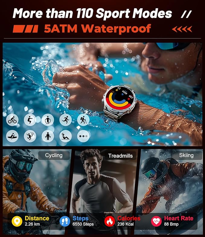Militrary Smart Watch for Men,1.85" HD/800mAh Battery Smart watches for Android/iOS (Bluetooth Call Answer/Calls)Fitness Tracker,100+ Sports/LED Flashlight/IP68 Waterproof/Sleep Tracker Sliver