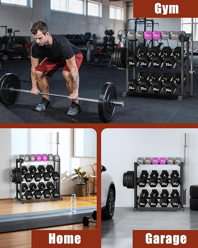 Adjustable Dumbbell Rack with Barbell & Weight Plate Holder, Supports Up to 1300LBS, Heavy Duty Multi-Function Home Gym Organizer, Floor-Friendly