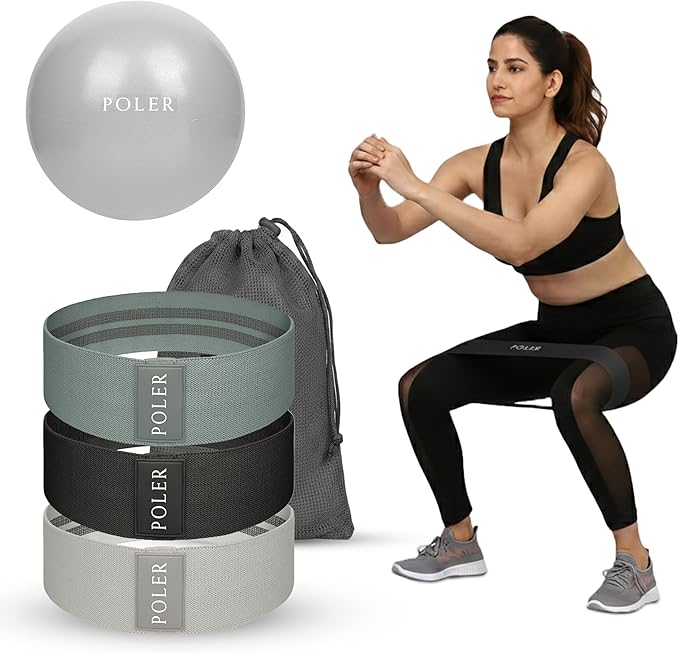 Poler Fit Kit: Fabric Resistance Bands Kit with 3 Levels (Light, Medium, Heavy) + 9″ Pilates Ball for Home Workouts – Exercise Bands Set for Strength Training, Pilates, Yoga, Glutes, Legs & Full Body