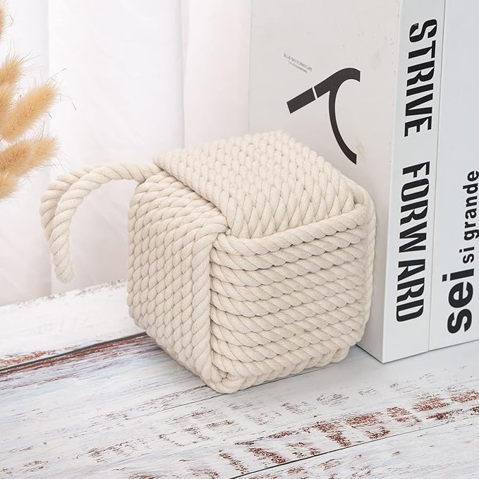 Marwood Rope Knot Door Stops Decorative Nautical Door Stopper Handmade with Handle, Weighted Interior Square Doorstop Sailor Knot for Door and Window - Beige (5"x5", 4.4lbs)