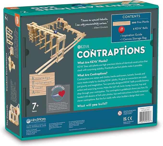 MindWare KEVA Contraptions, Wooden Blocks Building Set, Marble Run Kit, Includes 2 Balls - 200 Planks