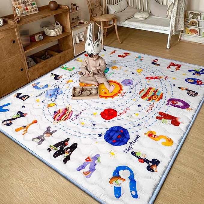 Solar System Baby Gyms Playmats for Playpen 71"×59" Giant Space Rug Planets, ABC Alphabet Learning Mat for Toddlers Thicken Soft Padding Foam Playmats Crawling Mat Kid Play Mats Pad