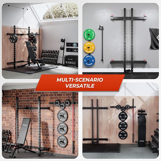 Mikolo 2" x 2" Folding Wall Mounted Squat Rack, 1000 Pounds Capacity Power Rack with Pull Up Bar, J Hooks and Other Attachments, Space-Saving Home Gym