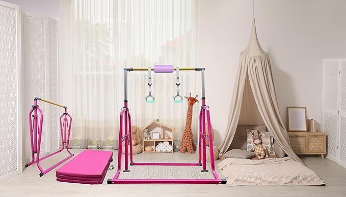 Foldable & Moveable Gymnastics Horizontal Bar with Rings,3’to 5’Adjustable Height Expandable Junior Kip Bar for Home,Indoor Gym Equipment for Kids