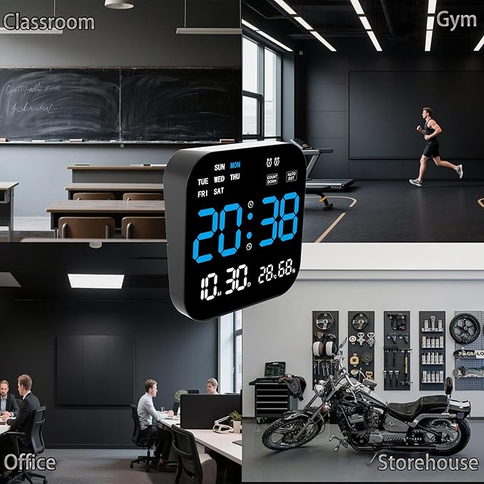 Large Digital Wall Clock with Date,Timer, Dimmer, Temperature,Humidity, Auto DST,Decor for Living Room, Bedroom, Office, Gym, Garage (Blue) 8803