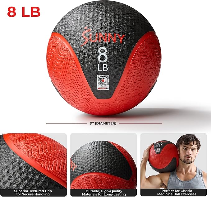 Sunny Health & Fitness Medicine Ball, Textured Rubber, Core Strength & Balance Training, Bouncing, Weight for Home Workouts 4,6,8,10,12,15,20,25,30LB Options