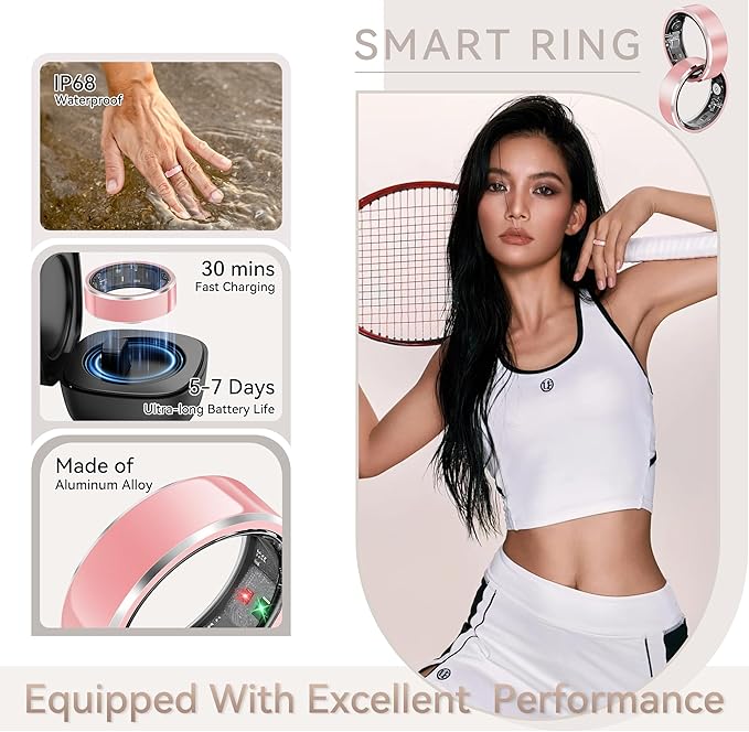 Smart Ring for Women, Fitness & Activity Tracker with Blood Pressure/Heart Rate Monitor, Sleep Tracker, Step Counter, IP68 Waterproof Ring for iOS & Android,Fast Charge, No Subscription (Pink,Size8)