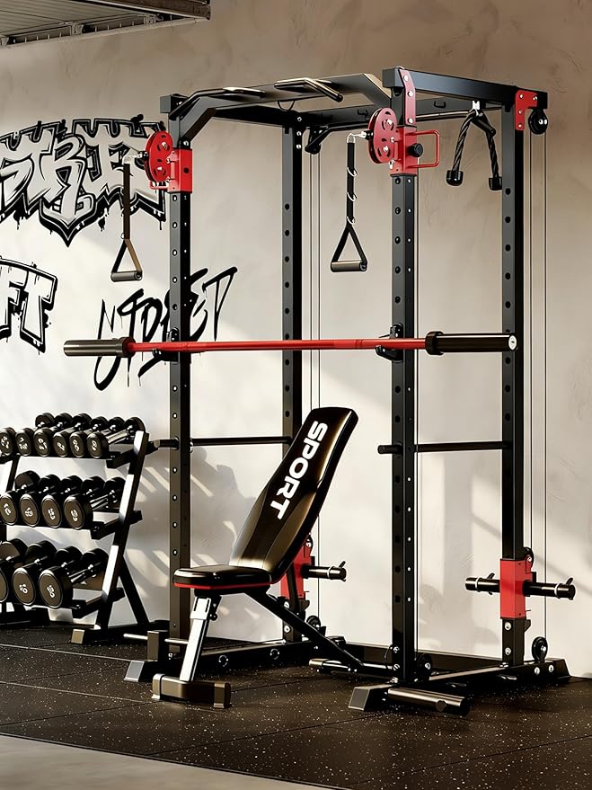 GarveeLife Power Cage, Power Rack with Cable Crossover System, 2000LBS Squat Rack with LAT Pull Down System, Workout Cage with Pulley System for Fitness Home Gym Strength Training(Red and Black)