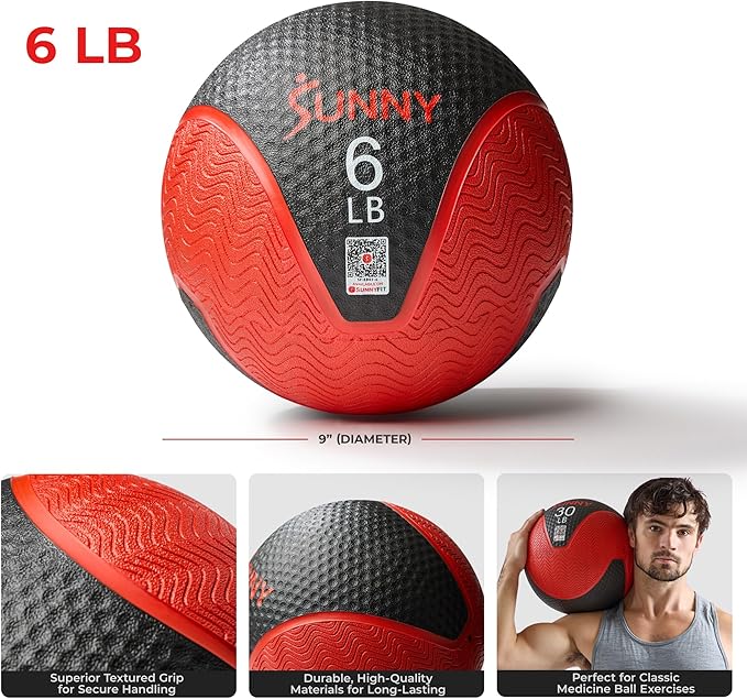 Sunny Health & Fitness Medicine Ball, Textured Rubber, Core Strength & Balance Training, Bouncing, Weight for Home Workouts 4,6,8,10,12,15,20,25,30LB Options