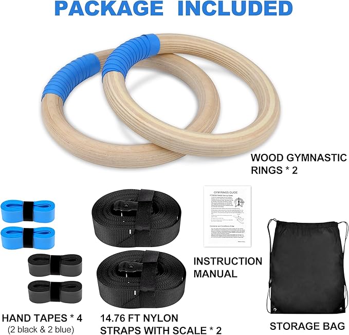 ZILLEEN Wooden Gymnastics Rings 1.25" Olympic Rings with Adjustable Straps for Pull Up Bar Exercise Men Gym Kids