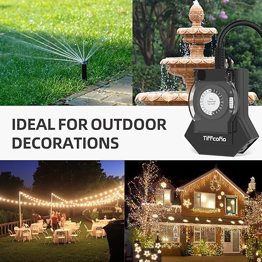 TiFFCOFiO Outdoor Timer Outlet Waterproof, 24 Hour Mechanical Light Timer Outdoor, 3 Grounded Outlets for Home and Garden, 15A 1/2HP, Heavy Duty, ETL Listed (1 Pack)