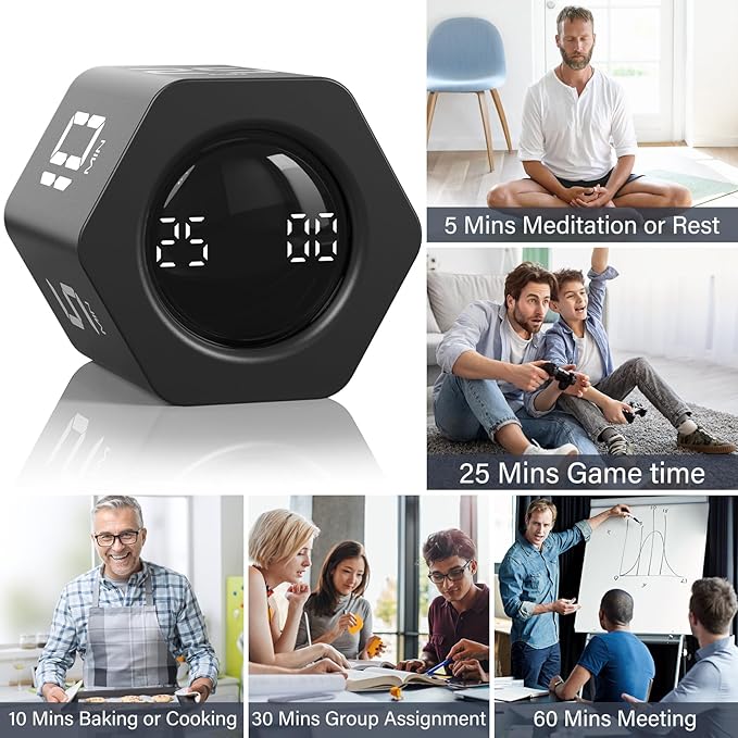 Rotating Pomodoro Timer 5, 25, 10 30,60 Mins Preset Stopwatch, Desk Flip ProductivityTimer, ADHD Tool Hexagon, Vibration/Mute/Alarm, for Work, Study, Back to School, Kitchen, Black