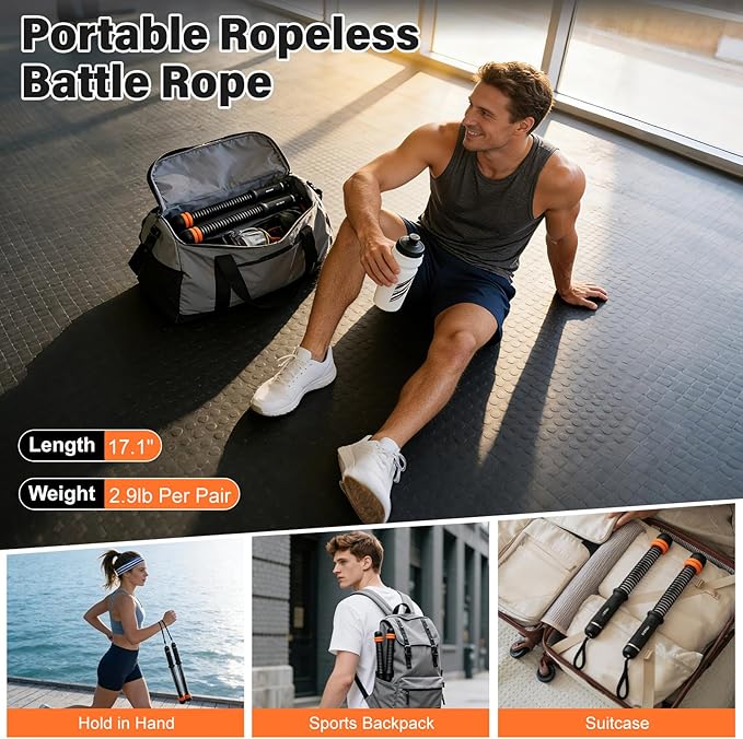 Weighted Ropeless Battle Ropes Adjustable Weight - Portable Cordless Battle Ropes for Home Gym with Workout Poster, Strength Building, HIIT & Low-Impact Cardio Training for Men & Women (Black/Orange)