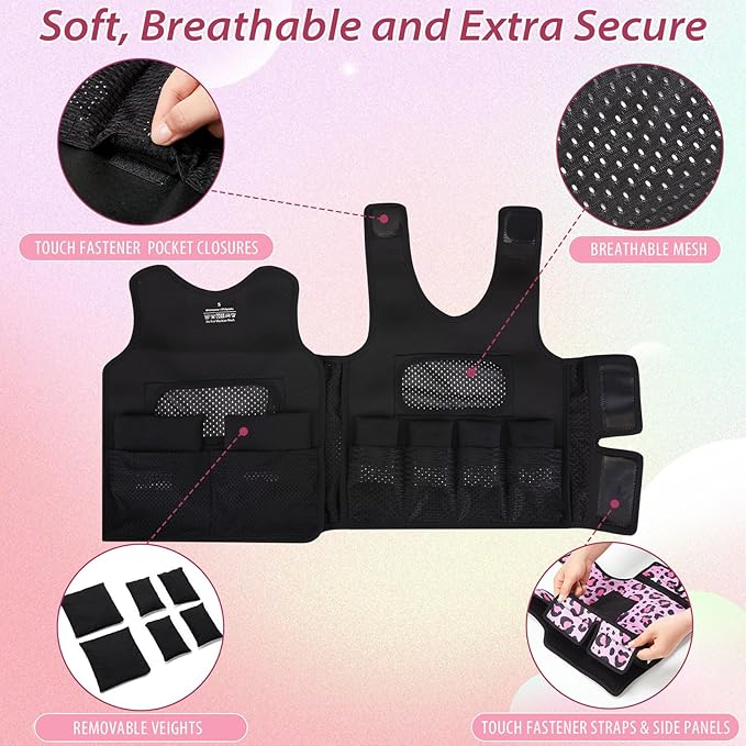 Janmercy Weighted Vest for Kids Ages 4 to 7 and Ages 8+ Boy Girl Adjustable Breathable Compression Vest for Processing Issue(Leopard Print,Small,Pink)