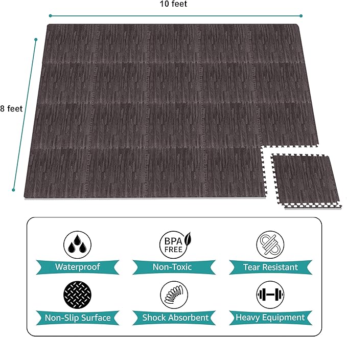 Sorbus 80 Sq. Ft. Wood Grain Floor Tiles Foam Mat EVA Interlocking Mats Tile 3/8-Inch Thick Flooring Wood Puzzle Exercise Mats w/Borders - Home Playroom Basement, Apartment, Trade Show, Baby, Dance