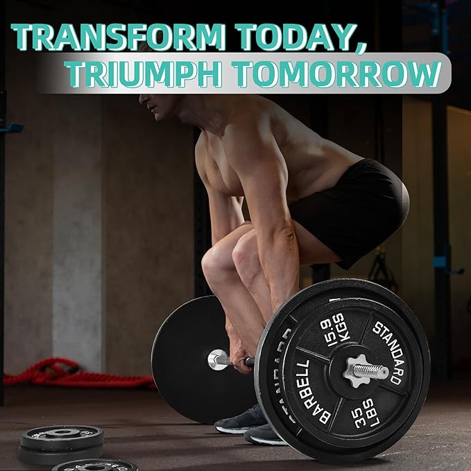 Fitvids Barbell Weight Set, Cast Iron 1" Standard Weight Plates Including 5FT Standard Barbell Bar & Star Locks, 95 Pounds Set (85 Lbs Plates + 10 Lbs Barbell Bar), Multiple Packages