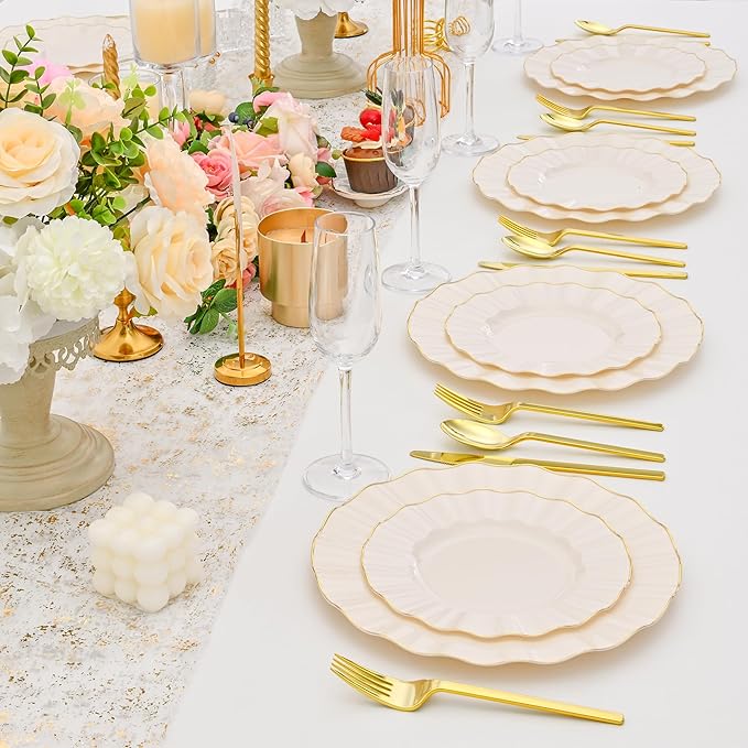 102Pcs Ivory White Plastic Plates with Gold Trim, Heavy Duty Wedding Plates, Elegant Disposable Plate Sets include 51 Dinner & 51 Dessert Plates for Party & Wedding(51 Guests)
