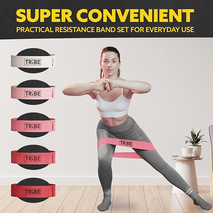 Tribe Lifting Fabric Resistance Bands for Working Out - 5 Exercise Bands Set for Legs and Glutes - Booty Bands for Women and Men - Thick Cloth Workout Bands for Physical Therapy, Hip Training