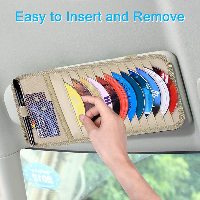 Car CD Case Holder, Wisdompro Vehicle Sun Visor Organizer for Cars with 12 DVD Storage Sleeves, 1 Mesh Pocket, 1 Pen Holder and Elastic Strap, Khaki