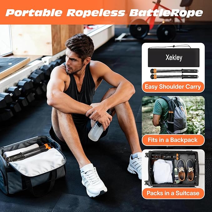 Portable Ropeless Battle Ropes, Adjustable Cordless Battle Ropes with Dual Weight Rings & Resistance Springs for Home Gym Workout, Weighted Low-Impact HIIT Exercise Equipment for Men & Women