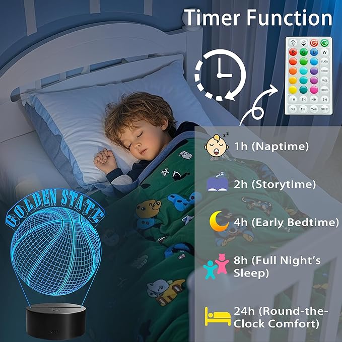 Basketball Golden State Night Light, Golden State Gifts for Boy, 3D Illusion Lamp with Remote Control, 16 Colors Changing, RGB Flashing Mode and Dimmable, Gifts for Boys Christmas Decor