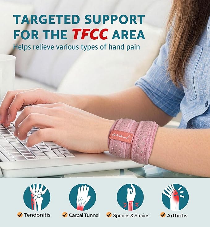 HiRui Wrist Brace for TFCC Tears, Adjustable Wristband Wrist Wraps Support for Fitness Weightlifting Tennis Tendonitis Carpal Tunnel Arthritis Pain Relief, One Size Adjustable (Pink, 2 Pack)