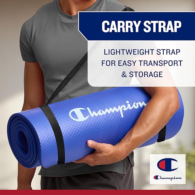 Champion 10mm Exercise Mat, Cushioned Non-Slip Workout Mat with Textured Base for Yoga, Pilates, Stretching & Floor-Based Training, Lightweight NBR Material, Includes Carry-On Strap
