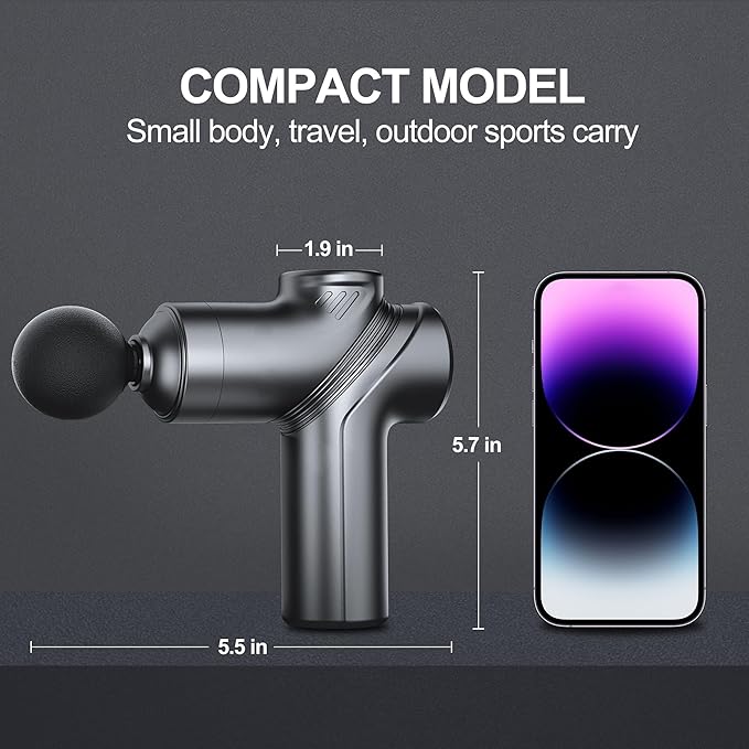 LEERCON Deep Tissue Mini Massage Gun, Muscle Percussion Massager for Athletes, 4 Massages Head and 6 Speeds for Pain Relief, Grey