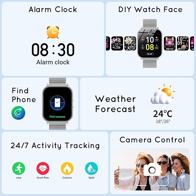 Smart Watch for Women Men 30-Day Battery Life 3 Bands 1.85" Fitness Step Tracker for iPhone & Android with Bluetooth Calling/Heart Rate/SpO2 Monitor, 120+ Sports Modes Gift Womens, 1000mAh/Silver