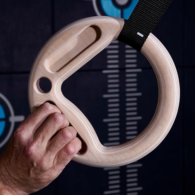 Wooden Gymnastic Rings with Built-in Hangboard – 32mm Birch Rings with 6 Grip Options & Numbered 38mm Straps – Calisthenics, Climbing, Bodyweight Training