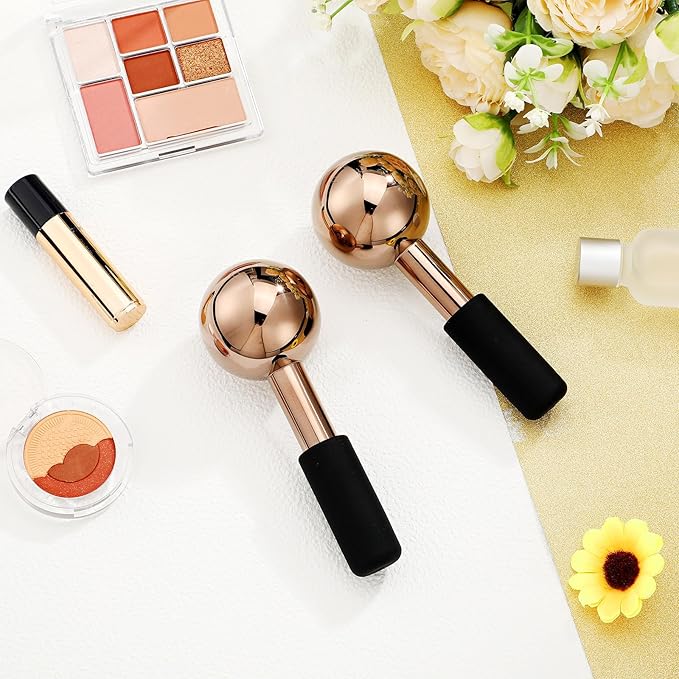 Baderke 2 Pcs Ice Globes for Face Stainless Steel Cooling Globes Unbreakable Cooling Roller Women Ice Balls Cryo Sticks Facials Skin Care for Dark Circles, Puffiness(Rose Gold (Black Handle))