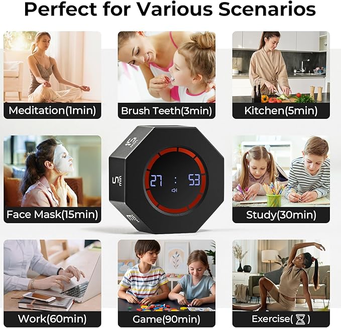 Small Rechargeable Pomodoro Timer, Gravity Sensor Auto-Rotating 7 Preset Times (1/3/5/15/30/60/90 min) & Count Up Mode, Digital Kitchen Timers for Cooking, Work and Study (Space Gray)