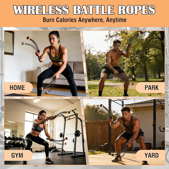 2PCS Ropeless Battle Ropes with Adjustable Weighted Ring-Battle, Cordless Battle Rope for Home Gym, HIIT Workout, Low-Impact Cardio, Strength Training, Portable Fitness Equipment for Women & Men
