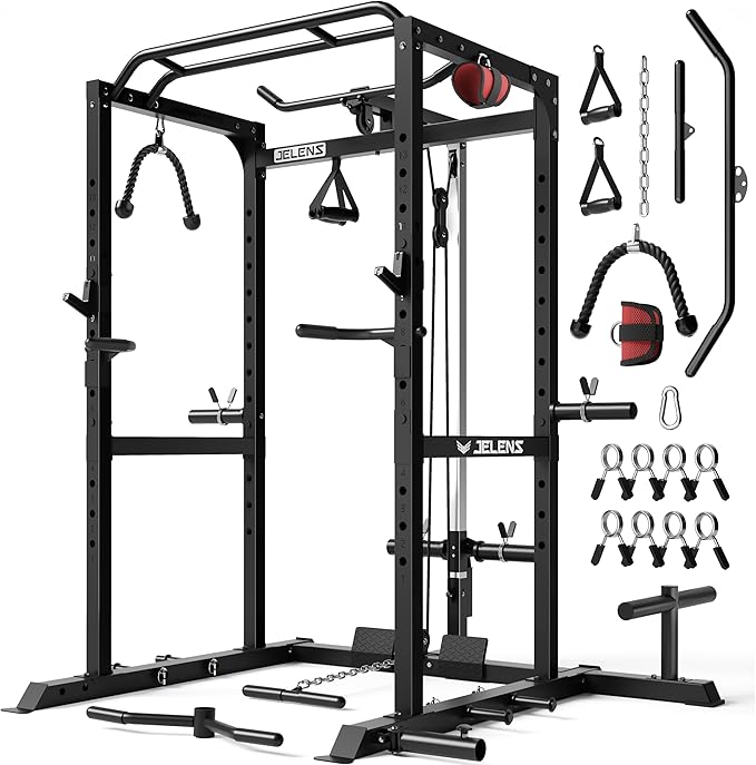JELENS S21 Power Cage, Multi-Function Power Rack with Adjustable Cable Crossover System, 2000LBS Squat Rack for Home Gym with More Training Attachments
