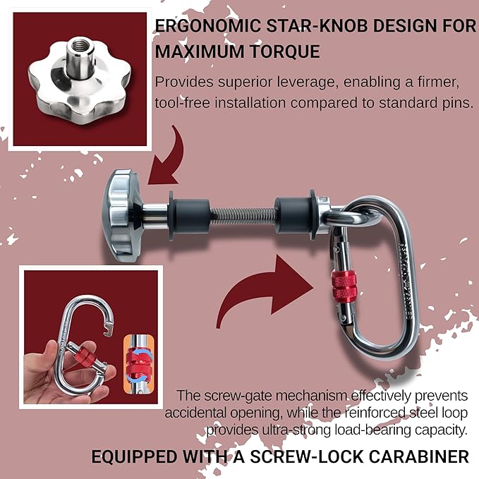 2PCS Stainless Steel Power Rack Attachments – Universal Fit for 2x2 & 3x3 Frames (1/2" & 1" Holes) – Zero-Wobble Squat Rack Accessories with Ergonomic Star Knob & Screw-Lock Carabiner